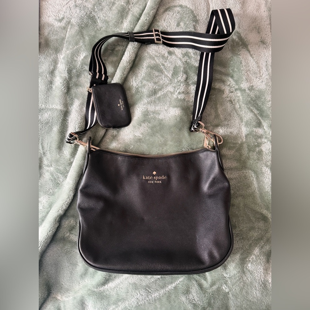 kate spade Black Pebbled Leather Crossbody with Striped Strap and Coin Pouch
